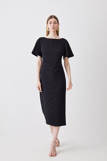 Black Premium Crepe Flare Sleeve Midi Dress