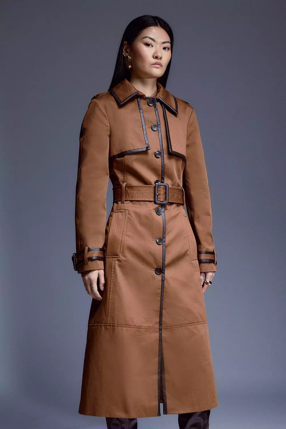 Cotton Pu Trim Belted Trench Coat Karen Millen