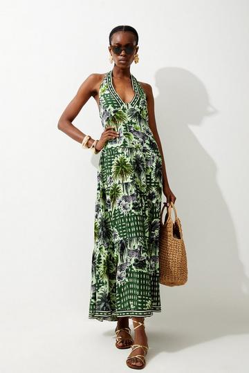 Green Summer Palm Tiered Maxi Dress
