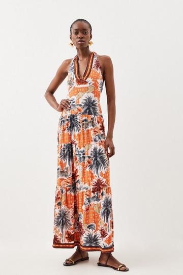 Orange Tall Summer Palm Tiered Maxi Dress