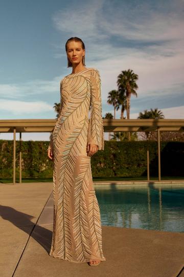 Nude Feather Crystal Embellished Maxi Dress