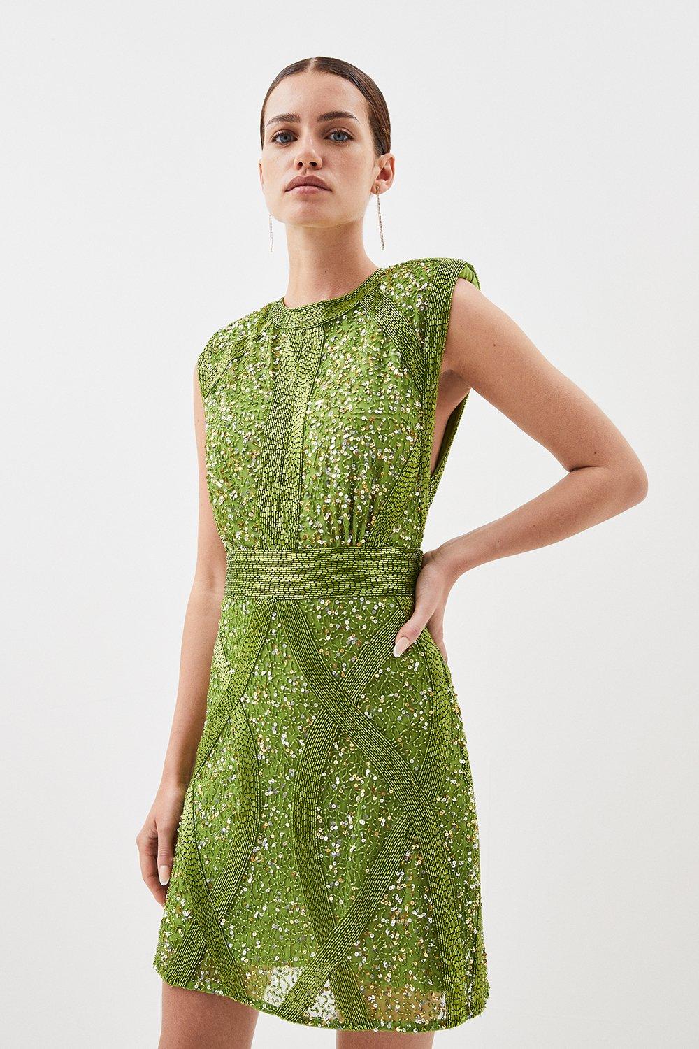 Petite Crystal Embellished Strong Shoulder Woven Mini Dress Karen Millen