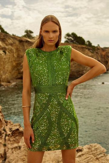 Crystal Embellished Strong Shoulder woven Mini Dress green