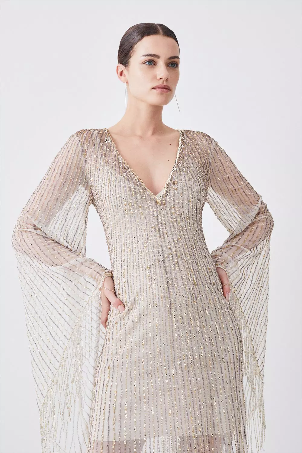Sheer Crystal Embellished Kimono Sleeve Fringe Maxi | Karen Millen