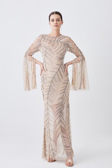Petite Feather Crystal Embellished Maxi Dress nude pink