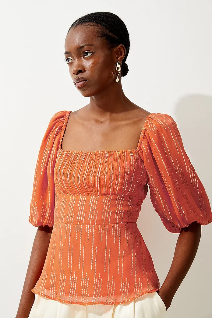 Sparkle Iridescent Puff Sleeve Woven Blouse | Karen Millen Sparkle Iridescent Puff Sleeve Woven Blouse | Karen Millen