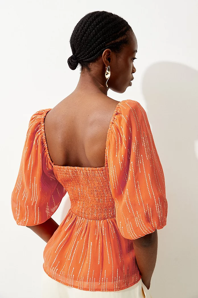 Sparkle Iridescent Puff Sleeve Woven Blouse | Karen Millen Sparkle Iridescent Puff Sleeve Woven Blouse | Karen Millen