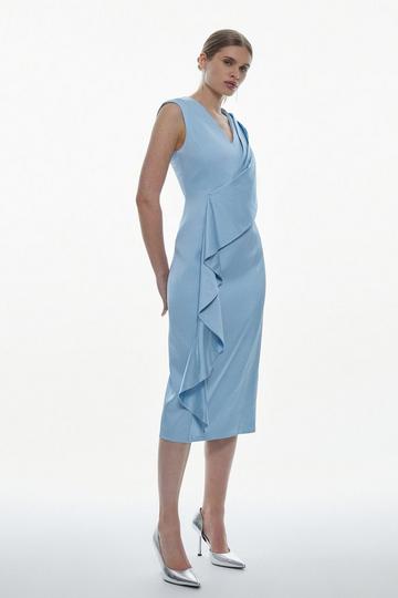 Blue Tall Italian Wool Satin Drape Midi Dress