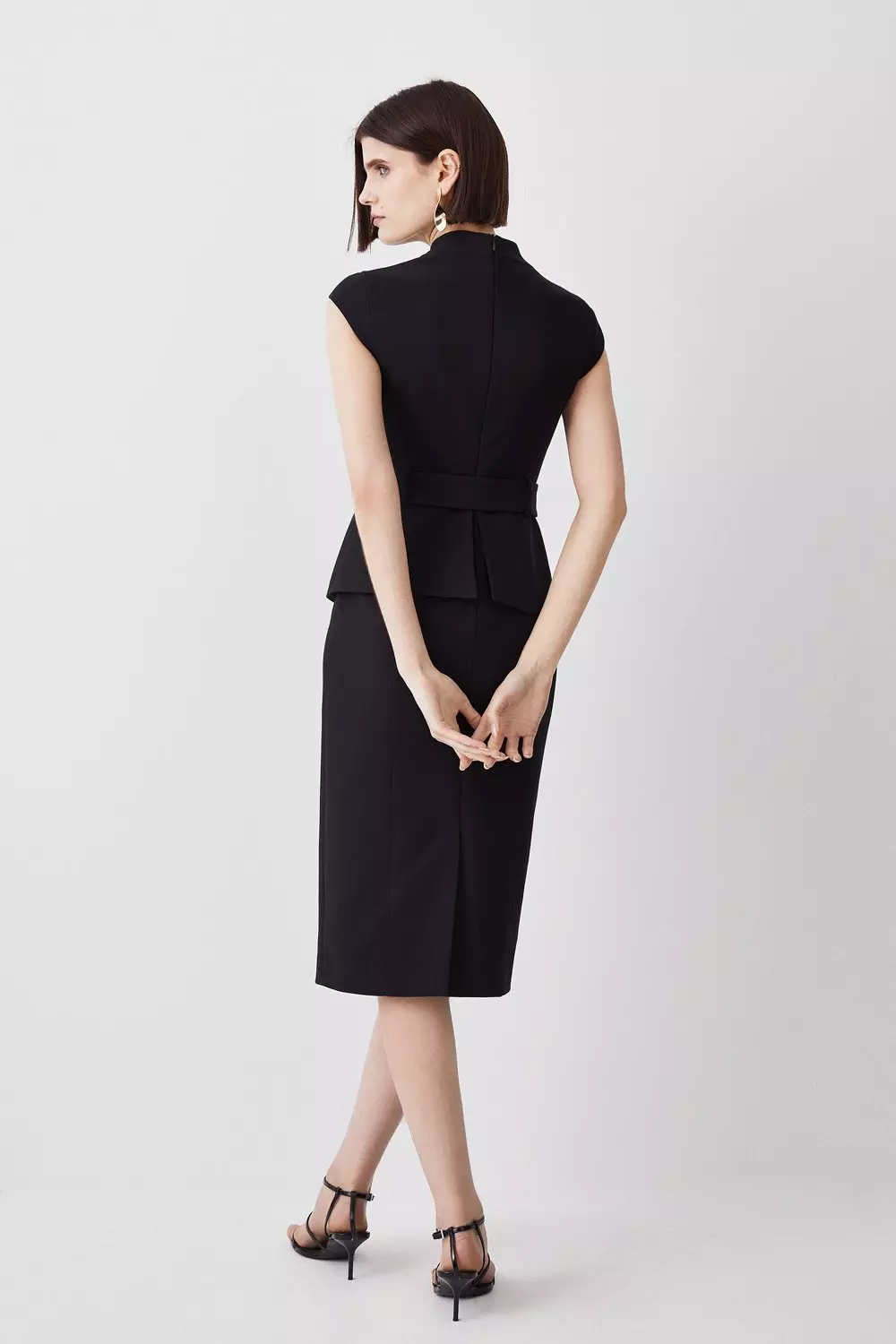 Compact Stretch Belted Asymmetric Drape Detail Midi Dress