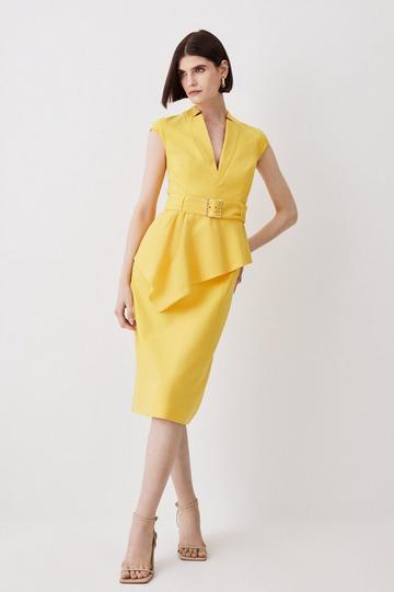 Compact Stretch Belted Asymmetric Drape Detail Midi Dress yellow