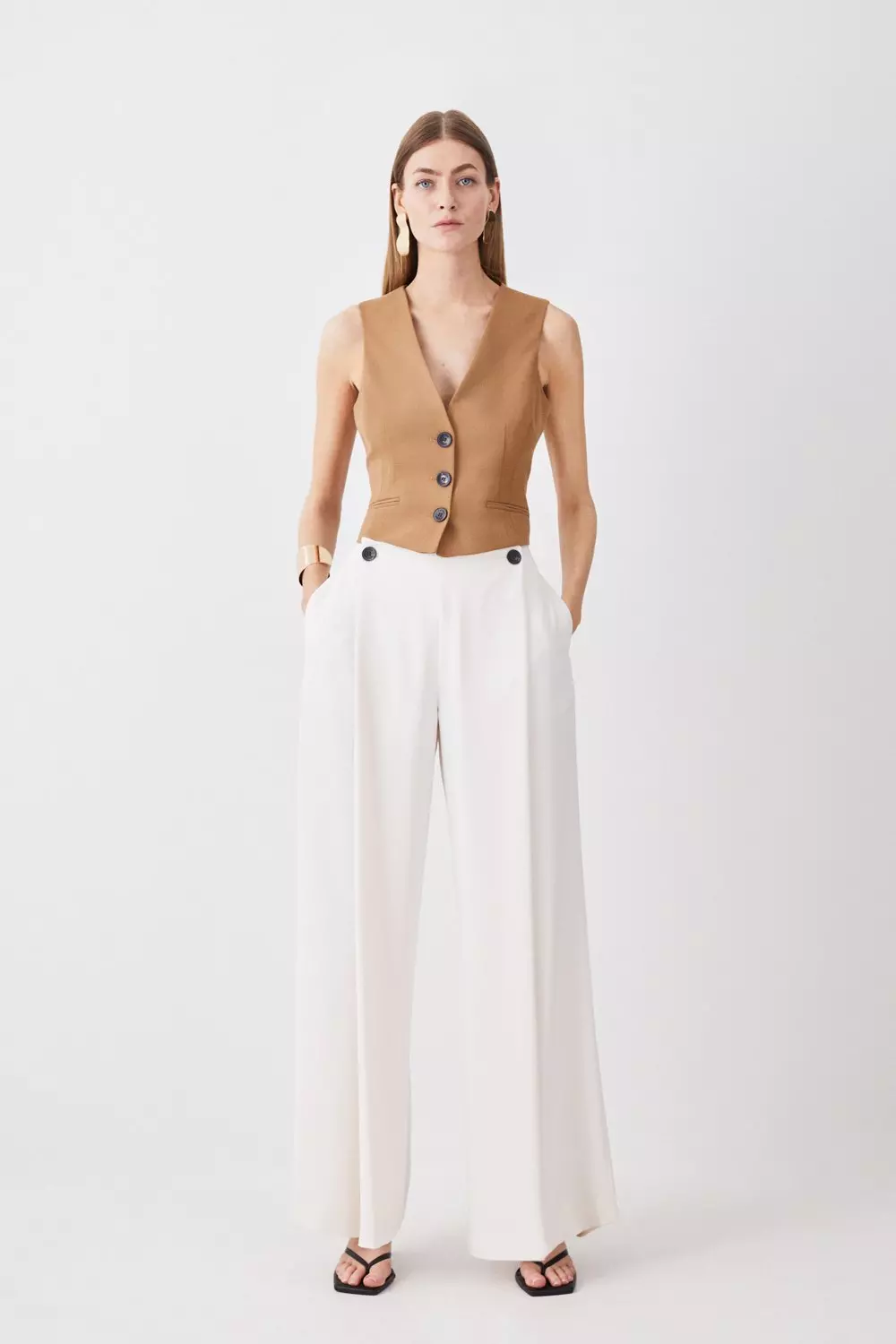 Soft Tailored Button Detail Pleated Wide Leg Pants | Karen Millen