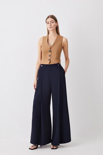 Navy Soft Tailored Button Detail Pleated Wide Leg Pants