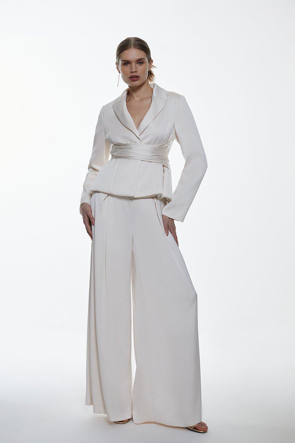 Ivory Satin Back Crepe Pleat Detail Wide Leg Trouser 