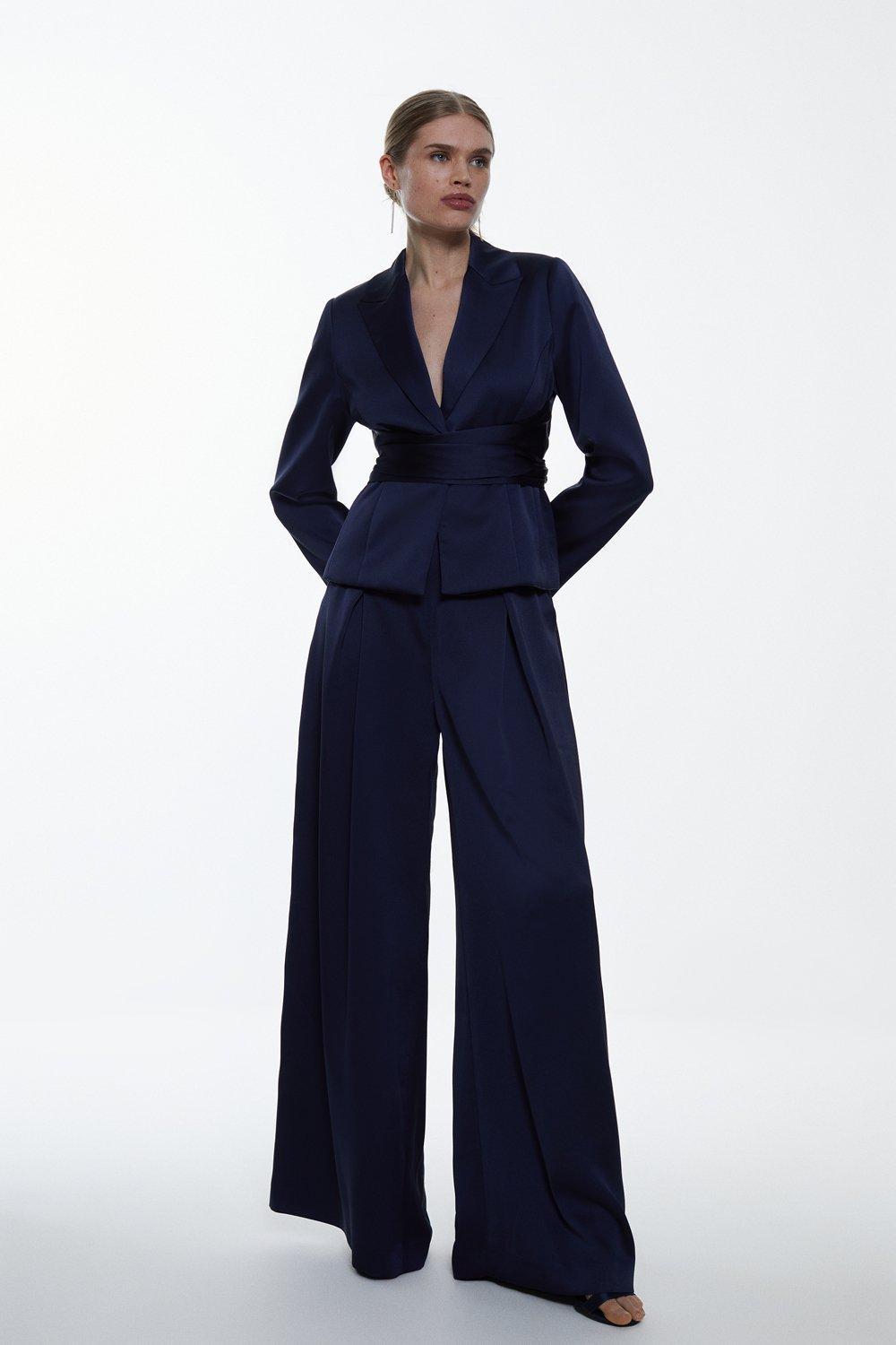 Navy Satin Back Crepe Belted Wrap Jacket