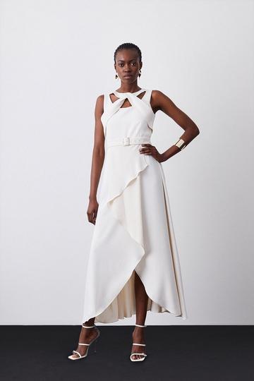 Tall Soft Tailored Tie Neck Detail Waterfall Maxi Length ivory