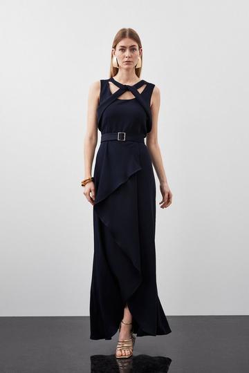 Tall Soft Tailored Tie Neck Detail Waterfall Maxi Length navy