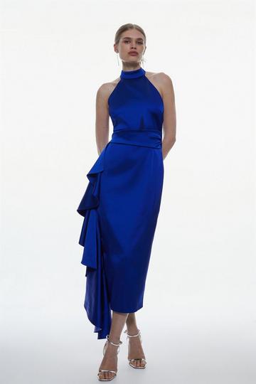 Cobalt Blue Italian Structured Satin Halter Neck Drape Pencil Midi Dress