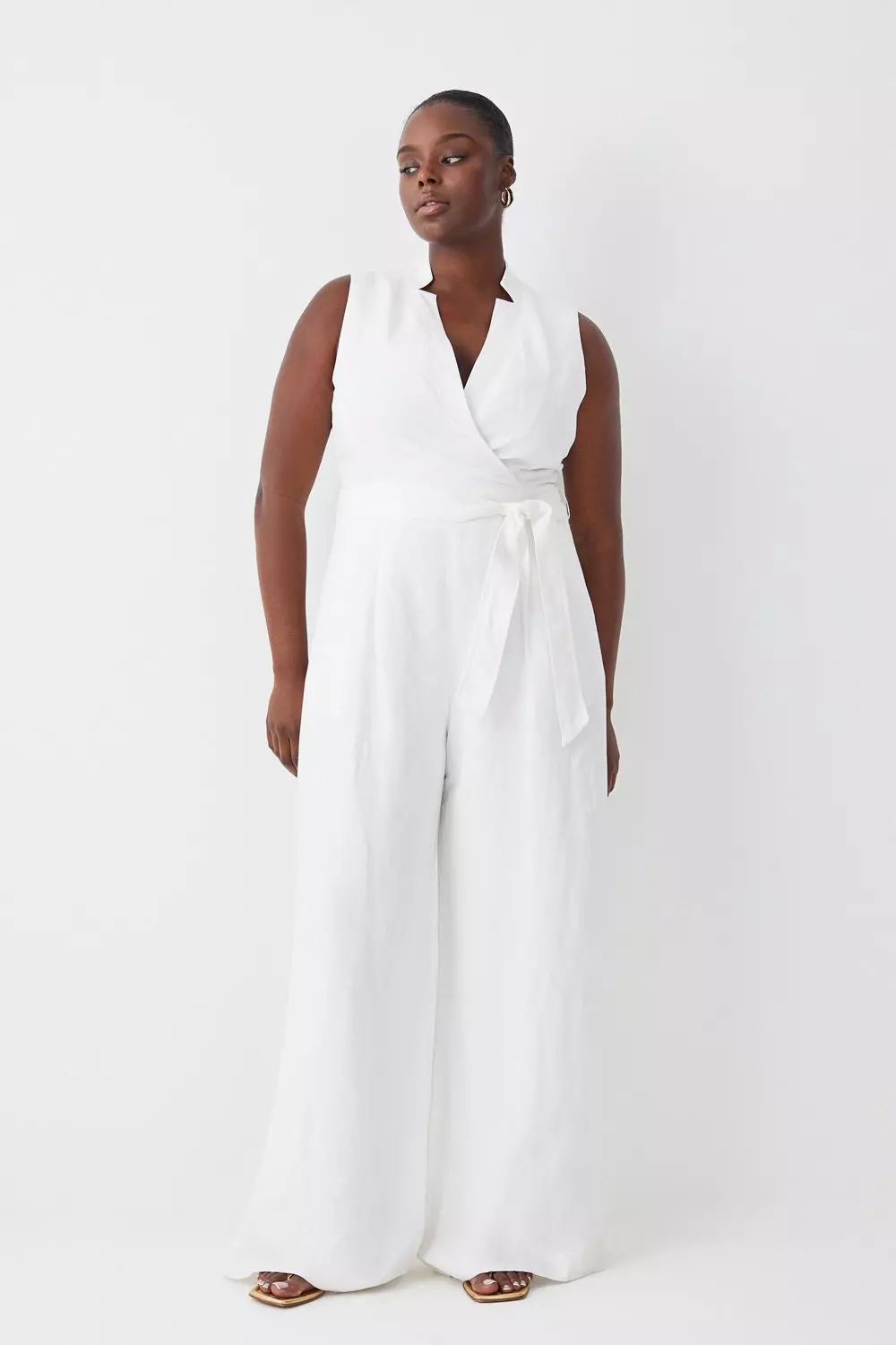 Ivory Plus Size Linen Notch Neck Belted Jumpsuit alternative image