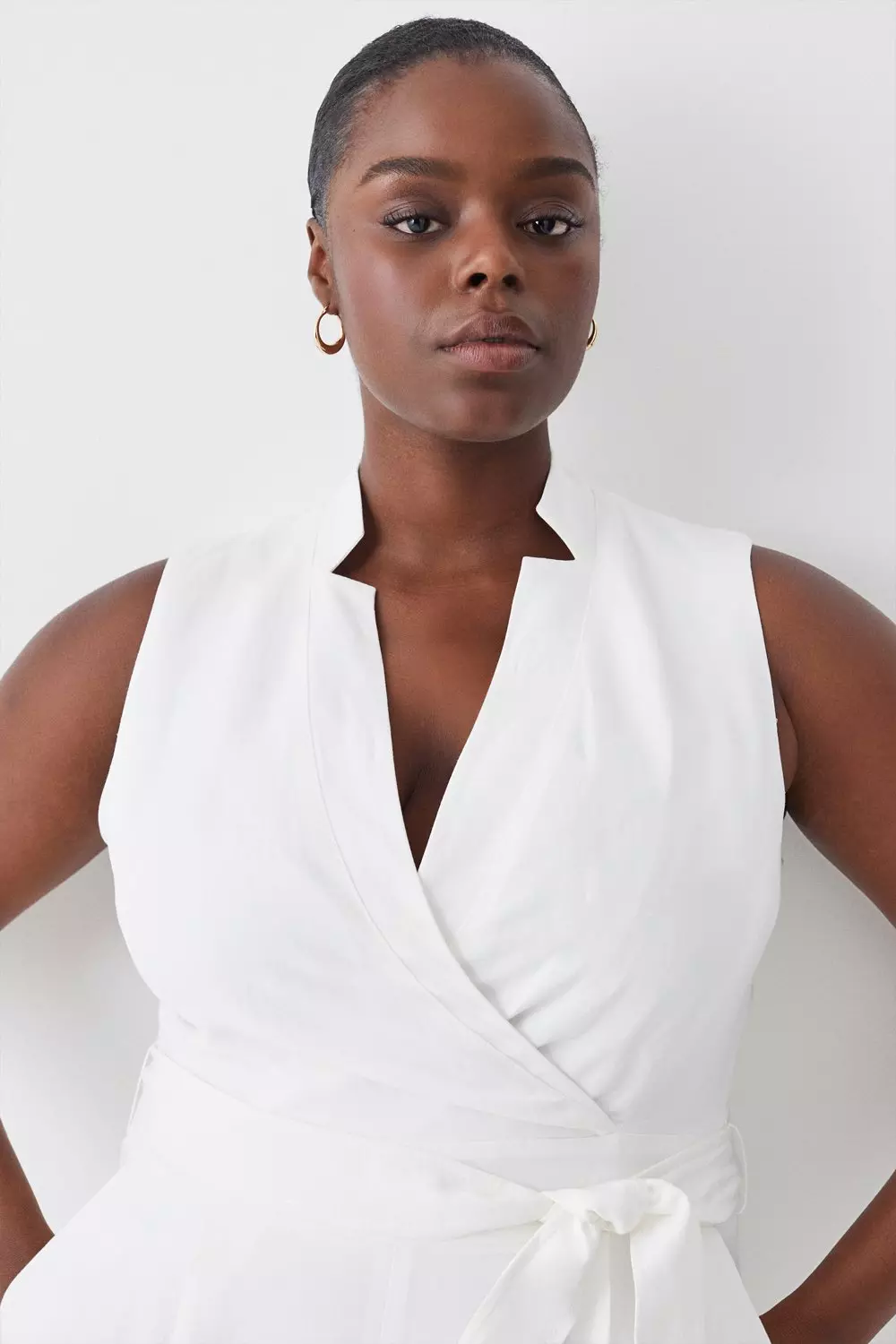 Ivory Plus Size Linen Notch Neck Belted Jumpsuit alternative image