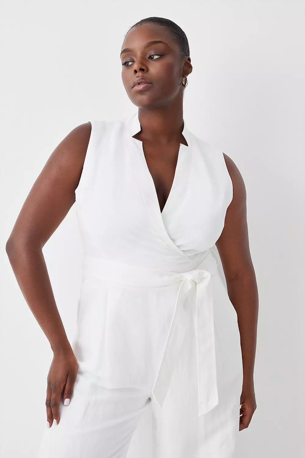 Ivory Plus Size Linen Notch Neck Belted Jumpsuit alternative image