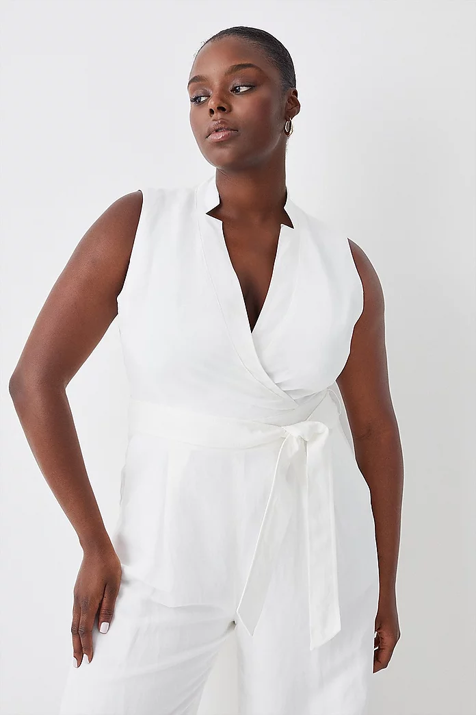 Plus Size Linen Notch Neck Belted Jumpsuit | Karen Millen Plus Size Linen Notch Neck Belted Jumpsuit | Karen Millen