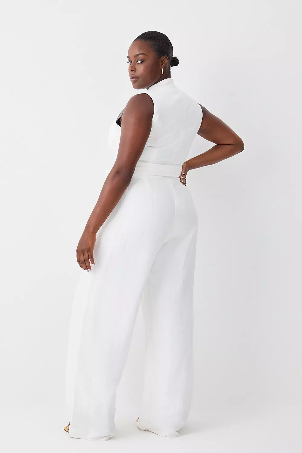 Ivory Plus Size Linen Notch Neck Belted Jumpsuit alternative image