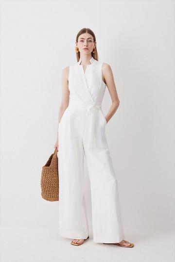 Tall Linen Notch Neck Belted Jumpsuit ivory