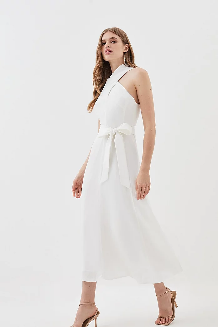 Lydia Millen Linen Notch Neck Belted Full Skirt Midi Dress Lydia Millen Linen Notch Neck Belted Full Skirt Midi Dress
