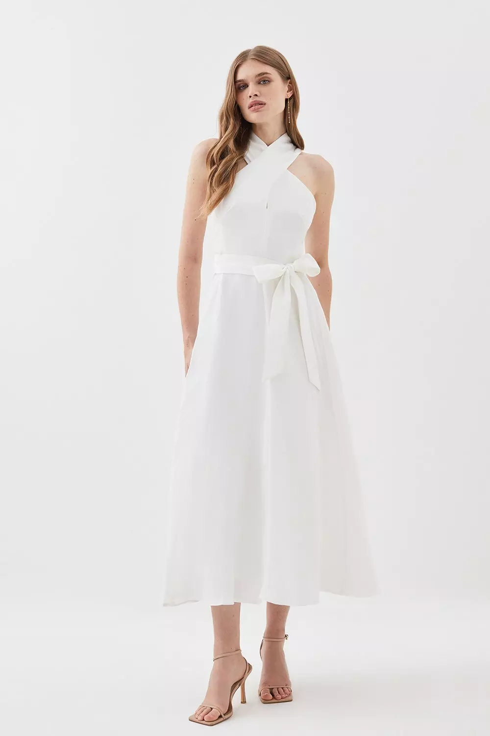 Lydia Millen Linen Notch Neck Belted Full Skirt Midi Dress