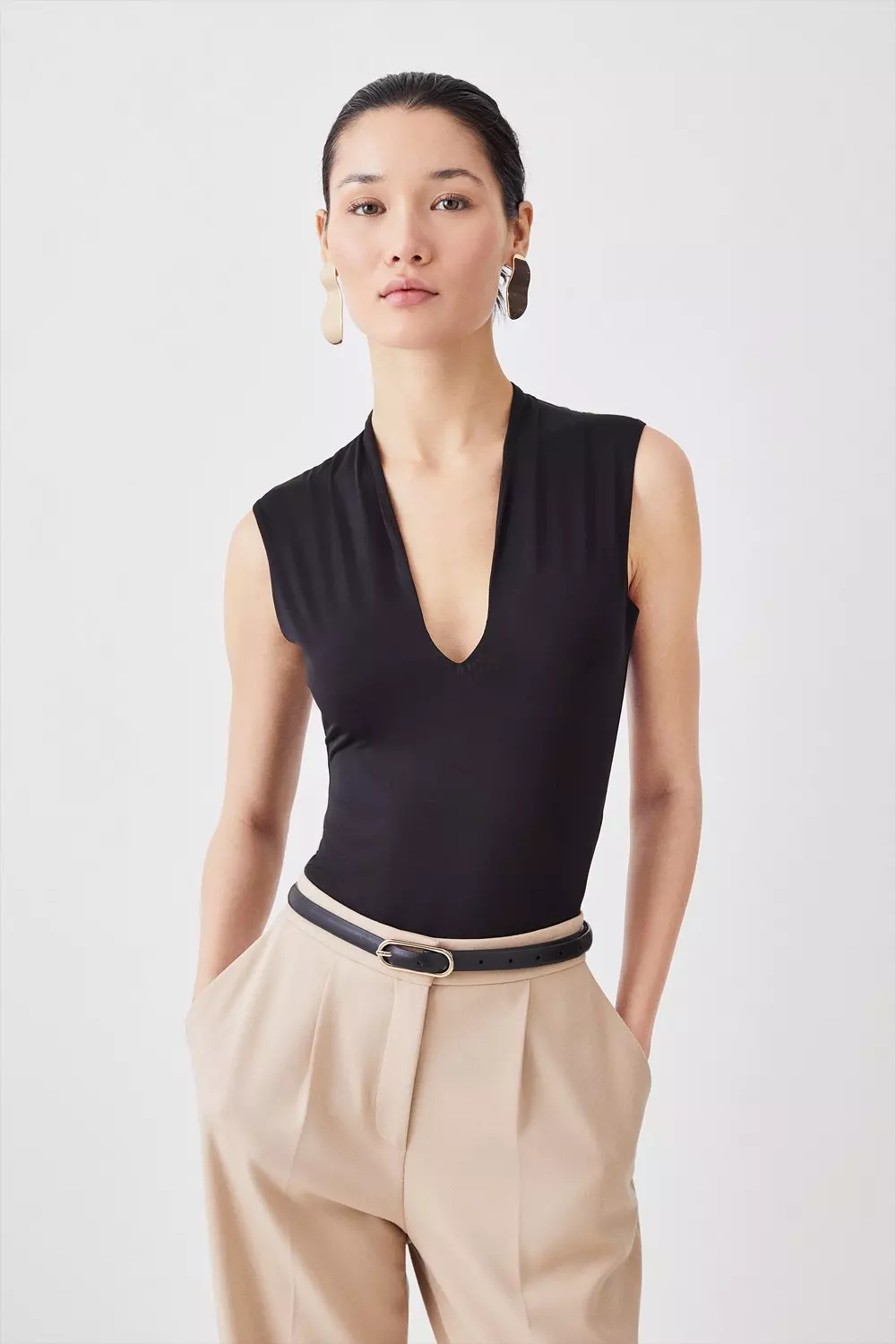 Slinky Jersey Plunge Neck Sleeveless Bodysuit Karen Millen