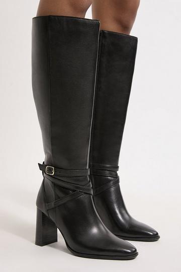 Leather Heeled Buckle Detail Knee High Boots black