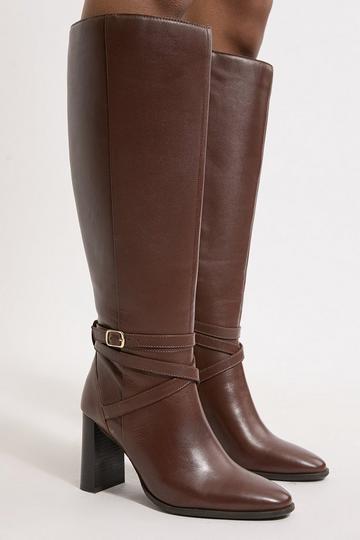 Leather Heeled Buckle Detail Knee High Boots light tan