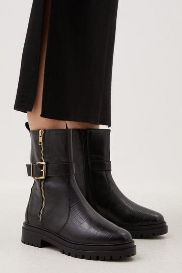Leather Croc Chunky Buckle Midcalf Boot