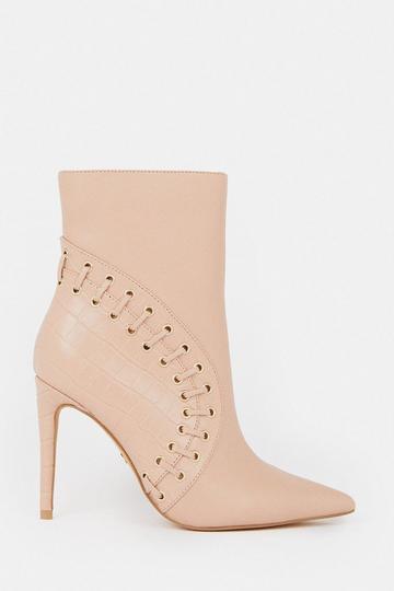 Nude Leather And Suede Eyelet Heeled Boot