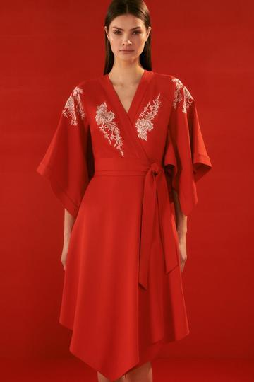 The Founder Kimono Style Embroidered Midi Dress red