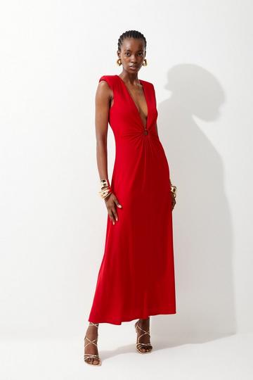 Drapey Crepe Hardware Detail Jersey Midaxi Dress red
