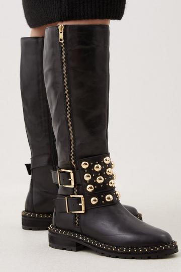 Leather Studded Statement Knee High Boot black