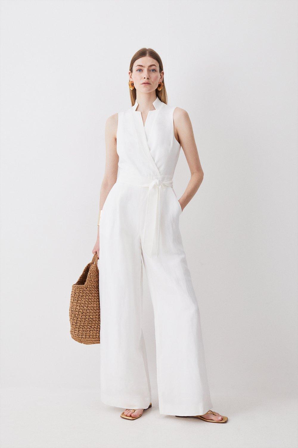 Linen Notch Neck Belted Jumpsuit | Karen Millen