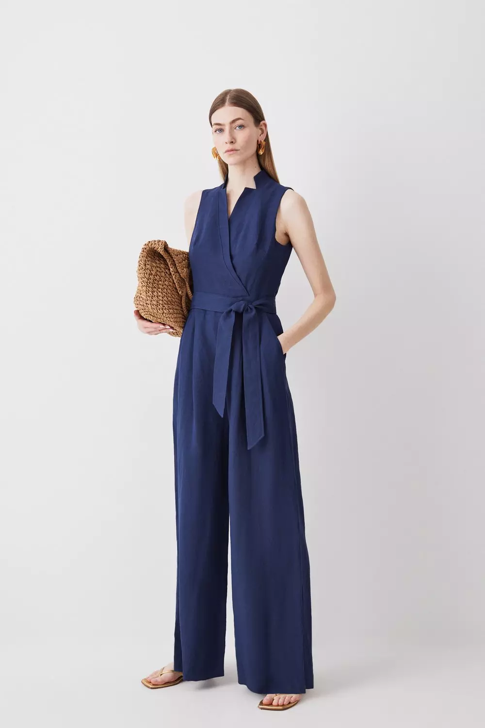 Linen Notch Neck Belted Jumpsuit | Karen Millen