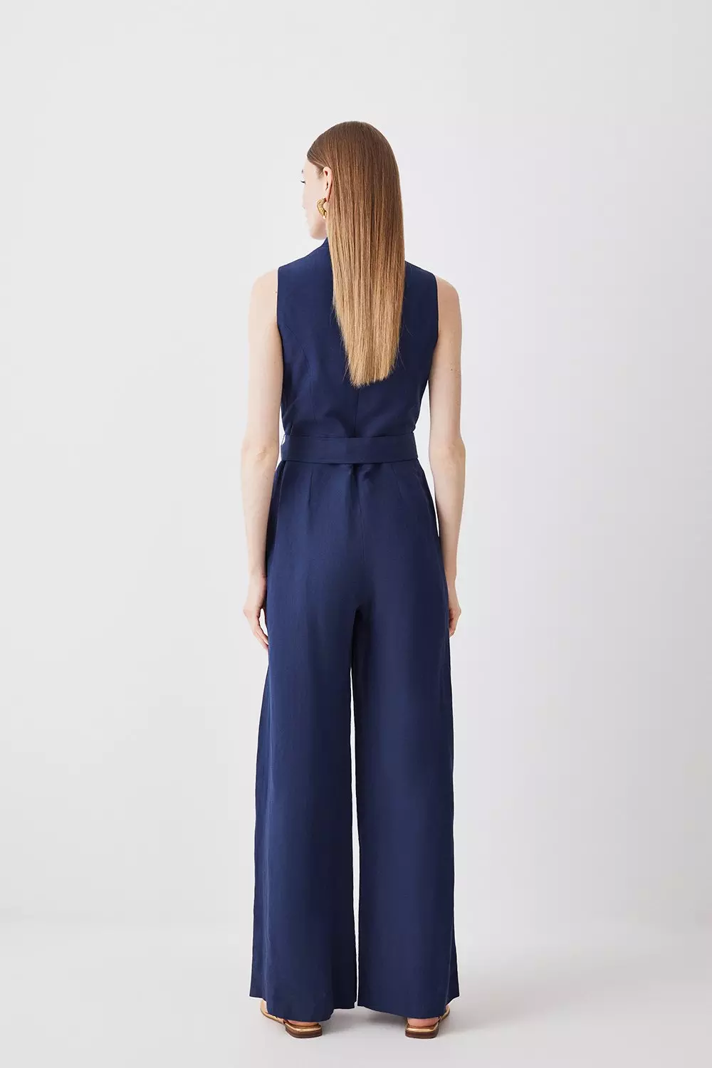 Linen Notch Neck Belted Jumpsuit | Karen Millen