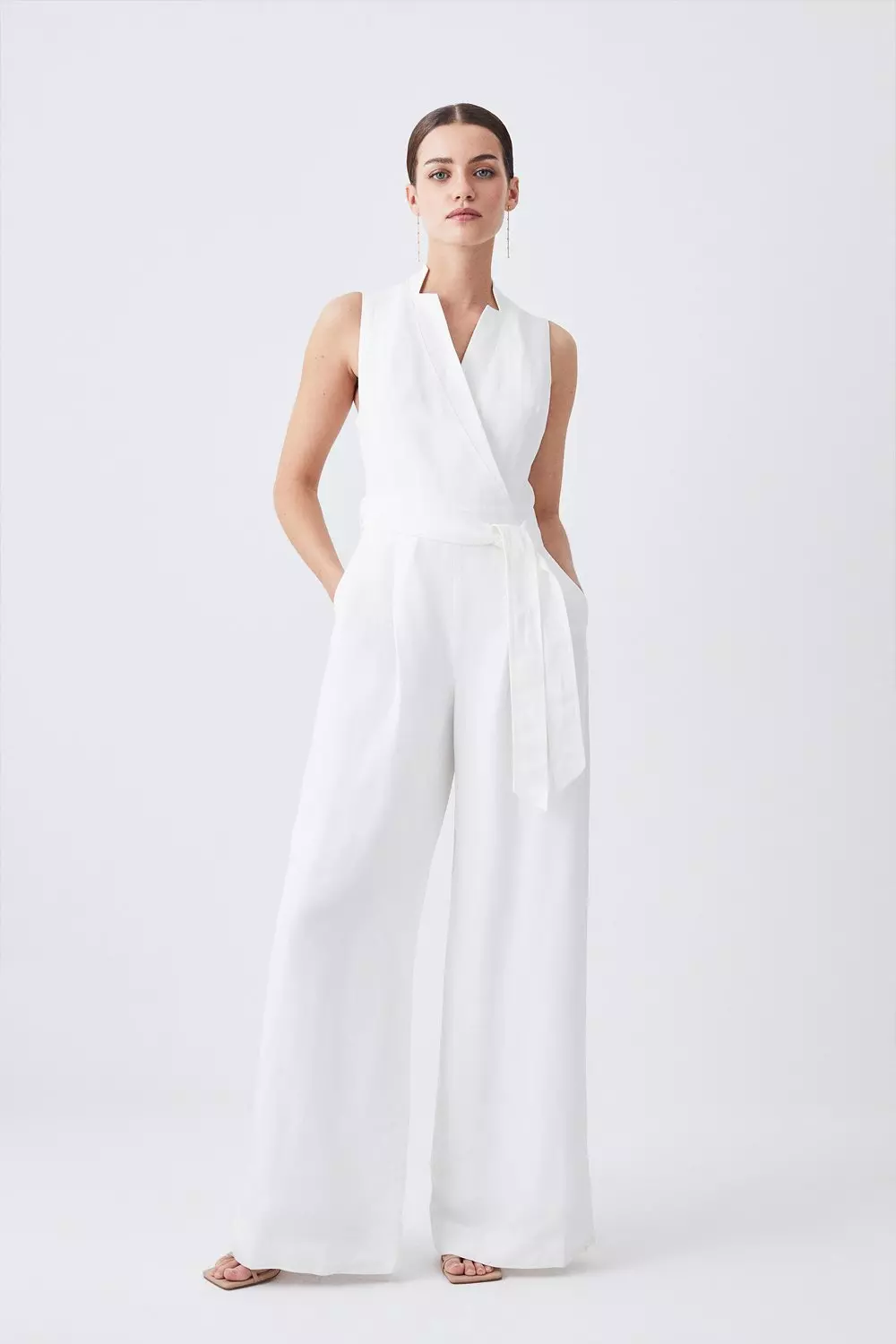 Petite Linen Notch Neck Belted Jumpsuit Karen Millen