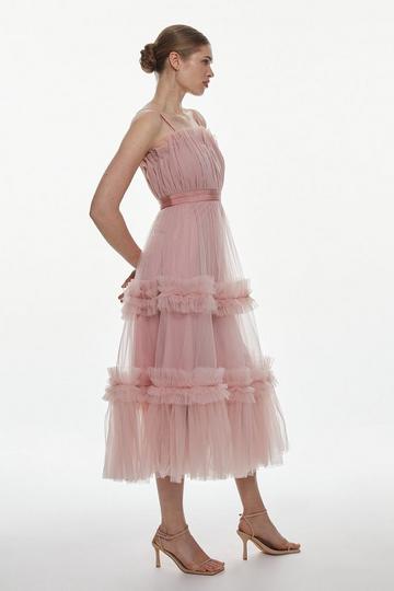 Blush Pink Tulle Bandeau Tiered Midi Dress