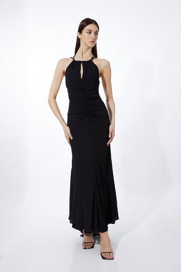 Premium Ruched Halter Strappy Maxi Dress black