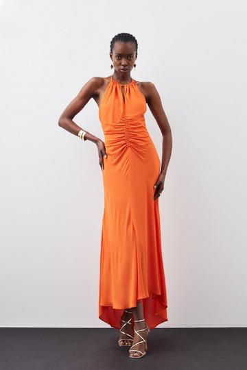 Orange Premium Ruched Halter Strappy Maxi Dress