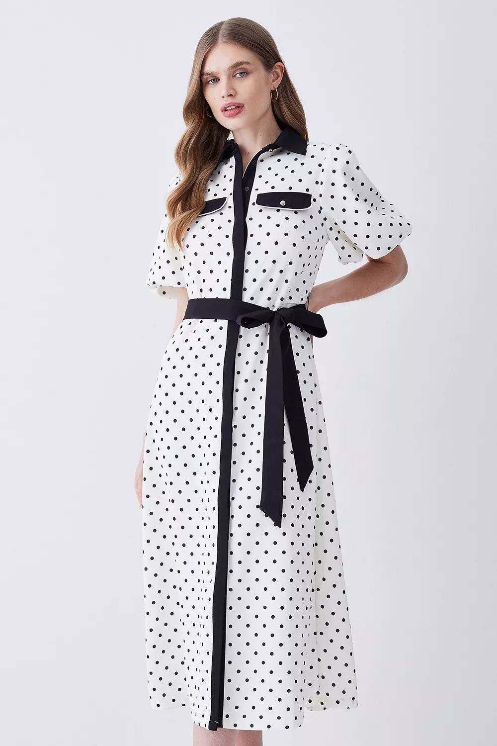 Petite Pin Dot Twill Belted Midi Dress Karen Millen