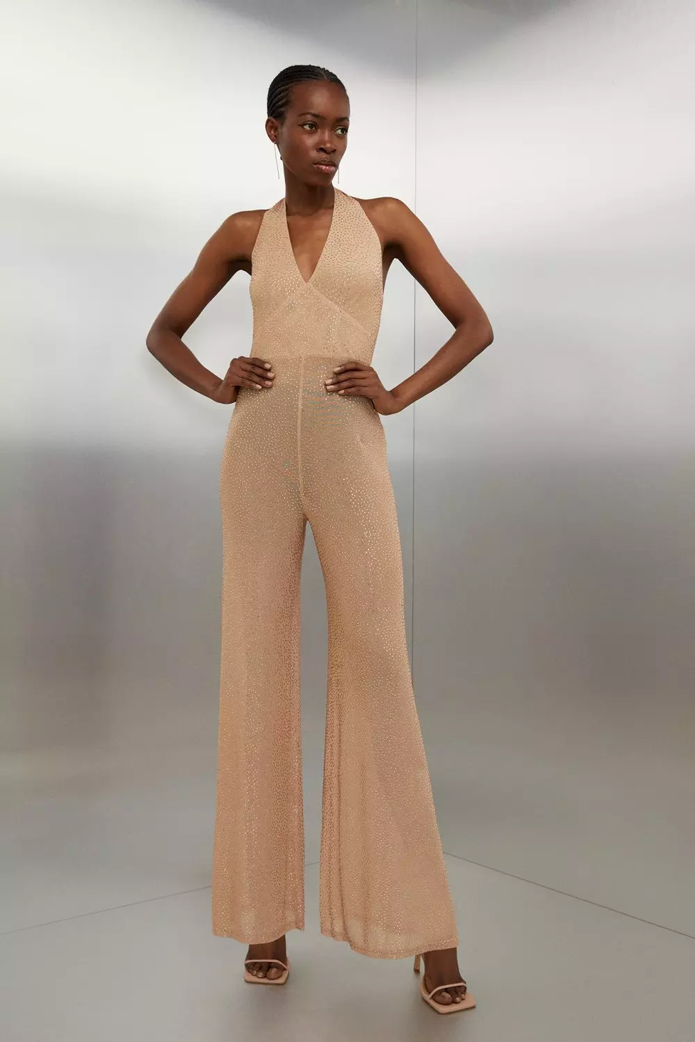 Embellished Halterneck Wide Leg Jersey Jumpsuit Karen Millen