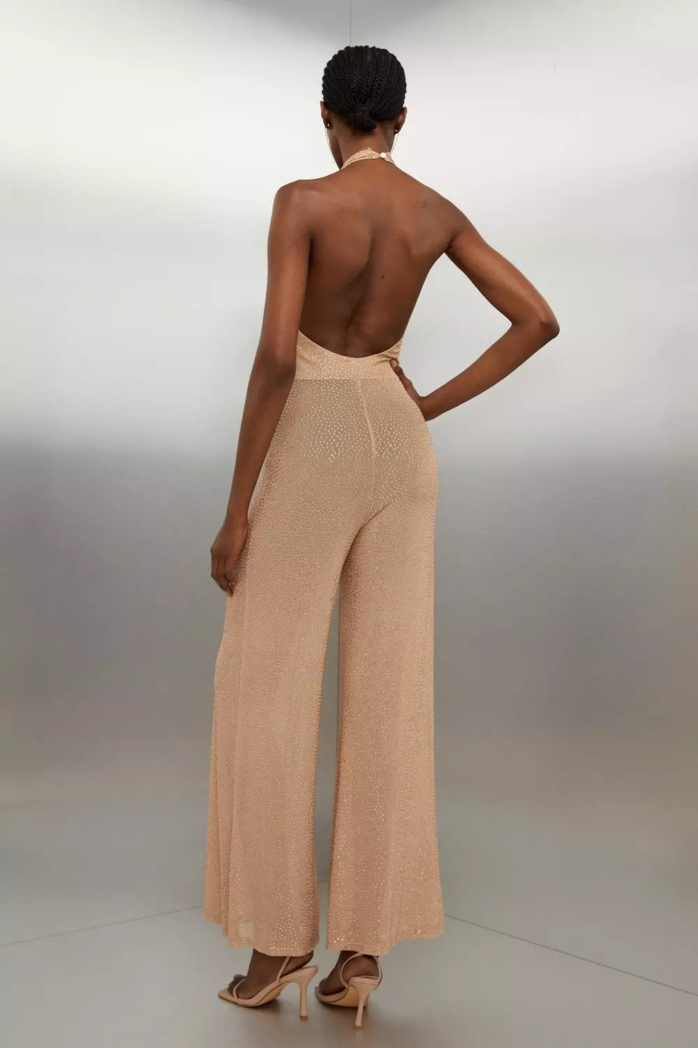 Embellished Halterneck Wide Leg Jersey Jumpsuit | Karen Millen