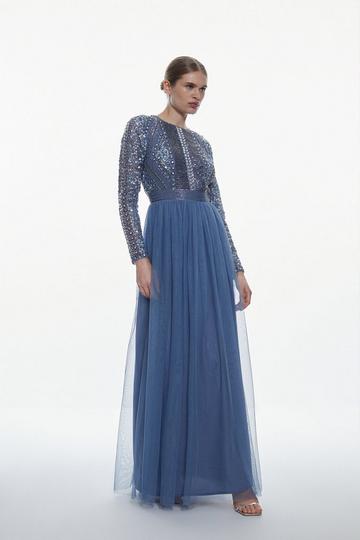 Blue Embellished Bodice Tulle Skirt Woven Maxi Dress