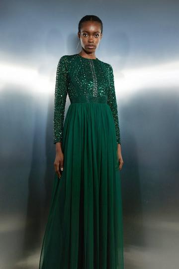 Emerald Green Embellished Bodice Tulle Skirt Woven Maxi Dress