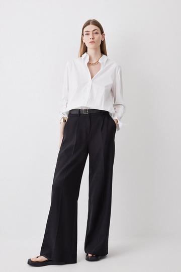 Black Compact Stretch Belted Wide Leg Pants